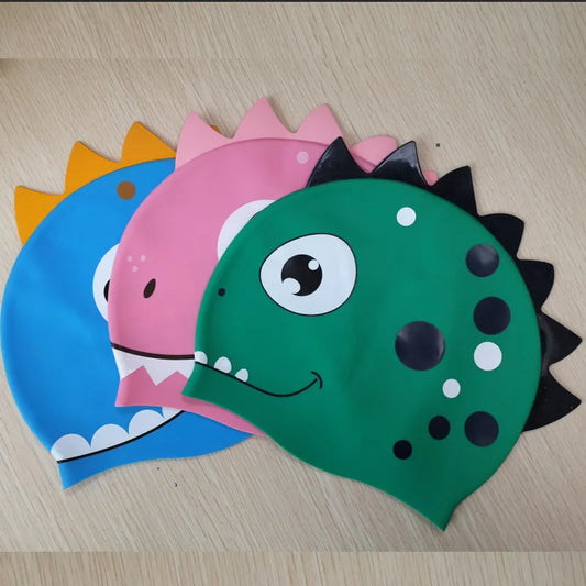 New Cartoon Silicone Swimming Cap Waterproof Dinosaur Long Hair Sports Swim Pool Hat Adults & Children Elastic Swimming Cap