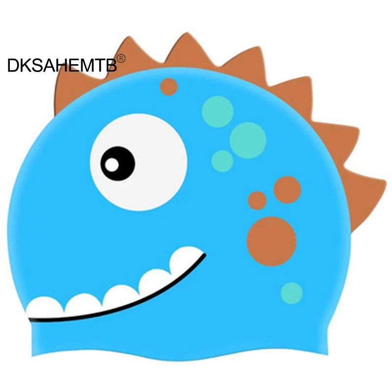 New Cartoon Silicone Swimming Cap Waterproof Dinosaur Long Hair Sports Swim Pool Hat  Adults & Children Elastic Swimming Cap