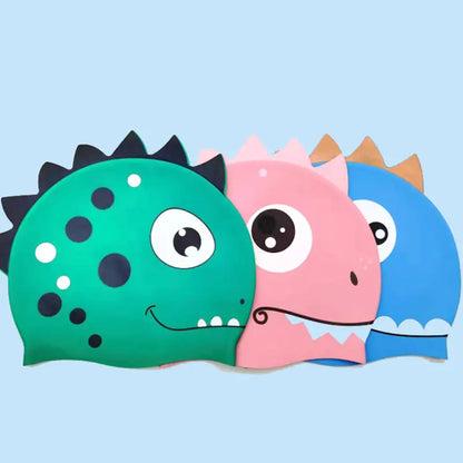 New Cartoon Silicone Swimming Cap Waterproof Dinosaur Long Hair Sports Swim Pool Hat  Adults & Children Elastic Swimming Cap