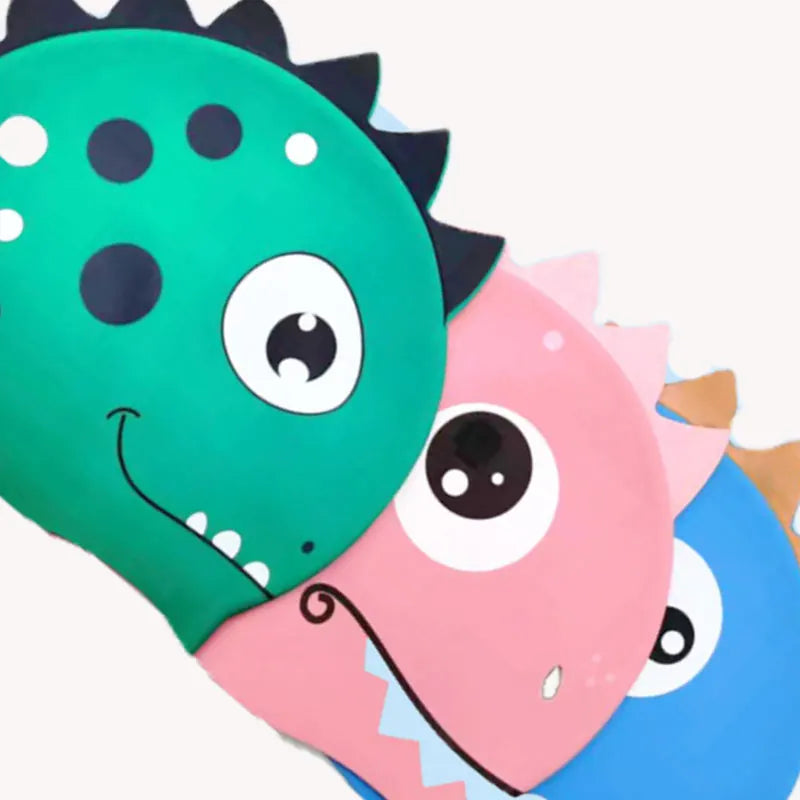 New Cartoon Silicone Swimming Cap Waterproof Dinosaur Long Hair Sports Swim Pool Hat  Adults & Children Elastic Swimming Cap