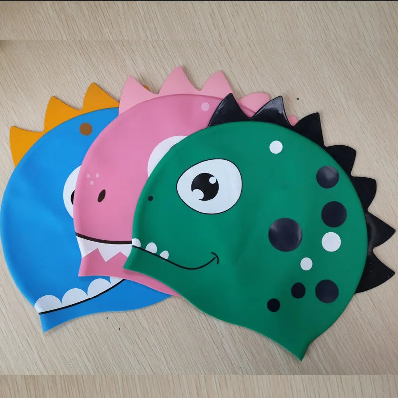 New Cartoon Silicone Swimming Cap Waterproof Dinosaur Long Hair Sports Swim Pool Hat  Adults & Children Elastic Swimming Cap