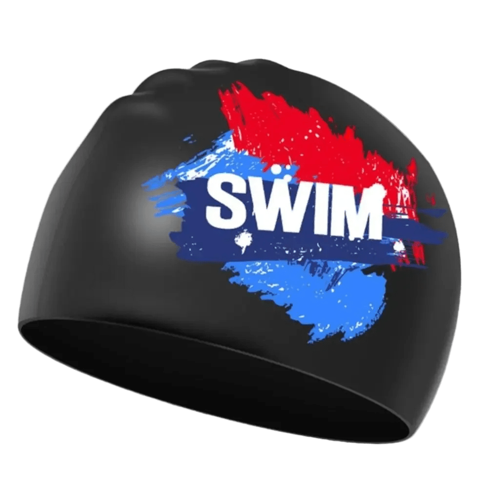 Titan Elite Swim Cap — Lightweight Waterproof Silicone Cap - TitanBlack-Red-Blue