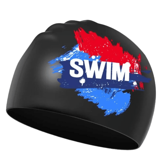 Titan Elite Swim Cap — Lightweight Waterproof Silicone Cap - TitanBlack-Red-Blue
