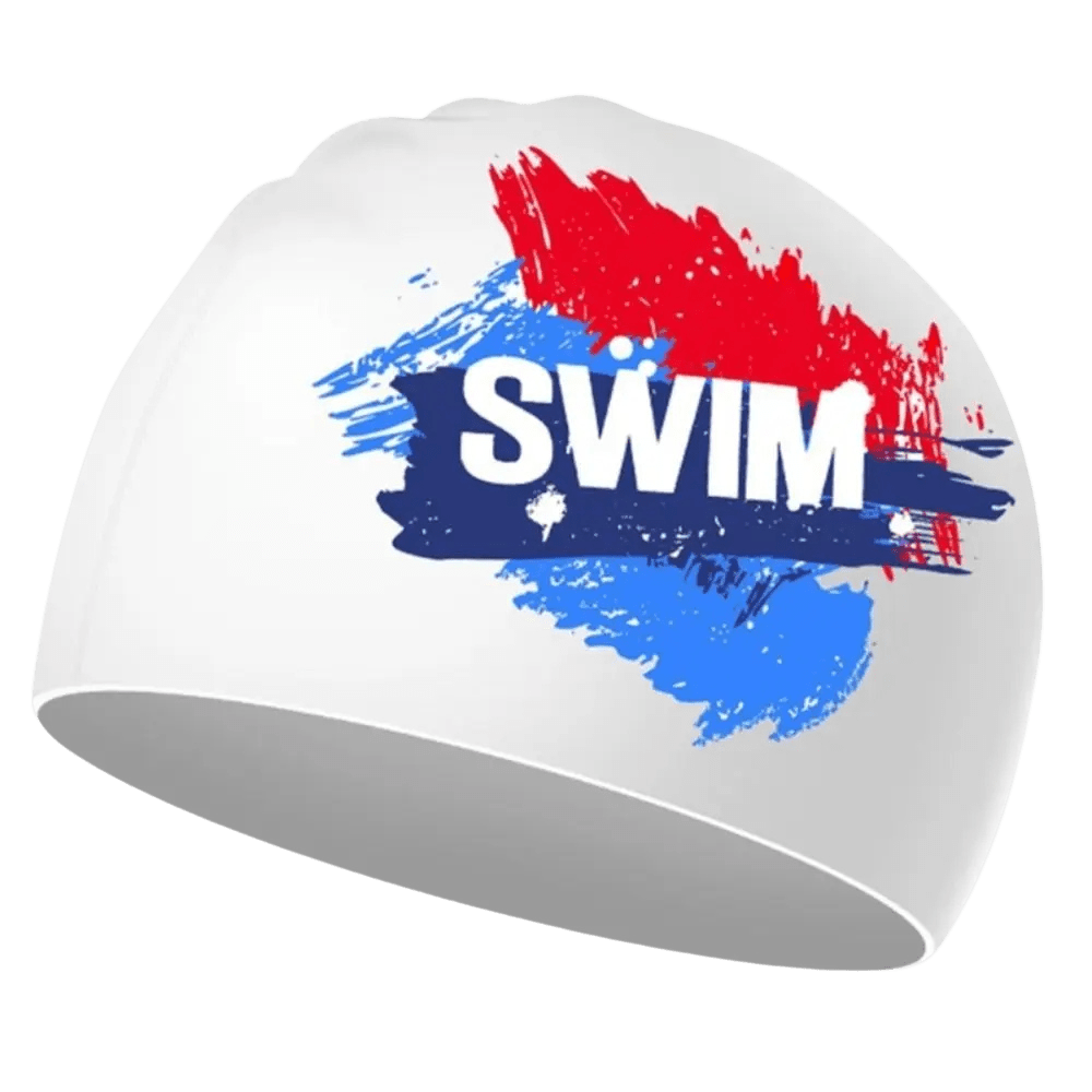 Titan Elite Swim Cap — Lightweight Waterproof Silicone Cap - TitanWhite-Red-Blue